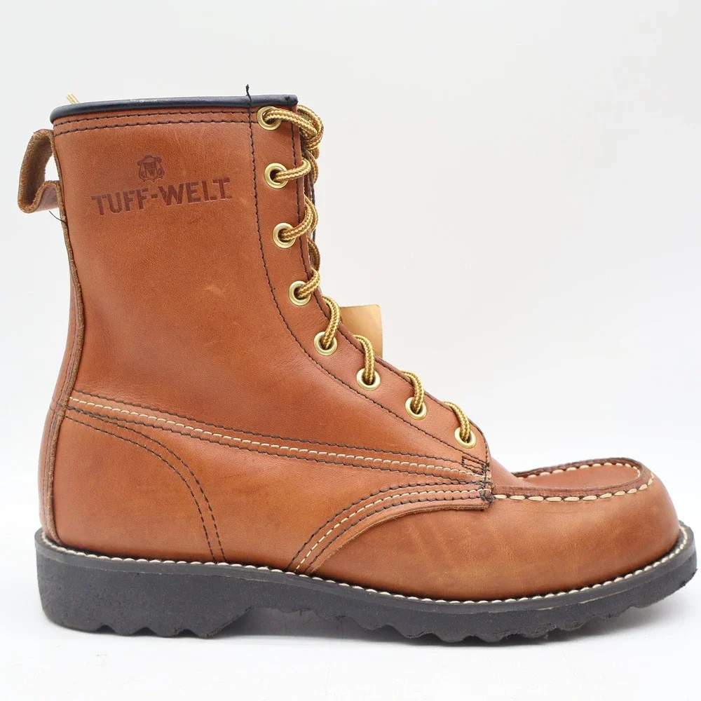 Tuff-Welt Work Boots Mens 7 Vintage Brown Full Grain Leather Moc Toe USA 332